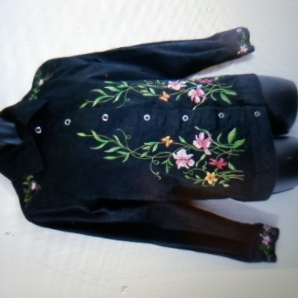 FANCY EMBROIDERED DESIGNER VICTOR COSTA BLACK DENIM JACKET M EUC - Picture 5 of 9